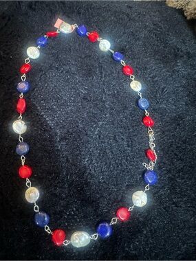 Triple-Color Beaded Necklace - Red, Blue & White